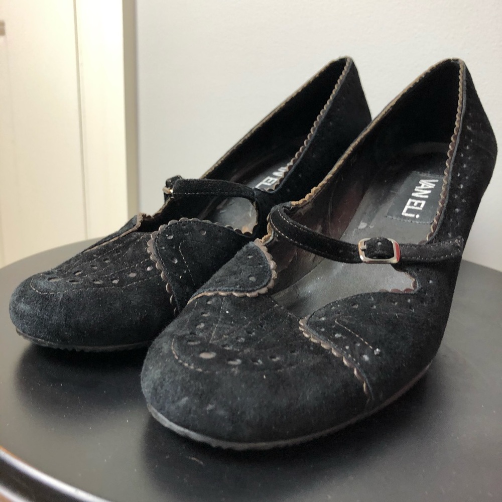 Vintage Vaneli Black Suede Mary Jane Wedges